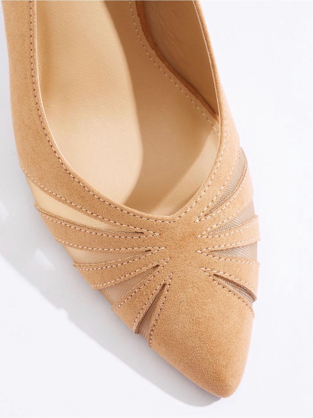 Pointed-Toe Tan Suede Women’s Flat with Mesh Insets